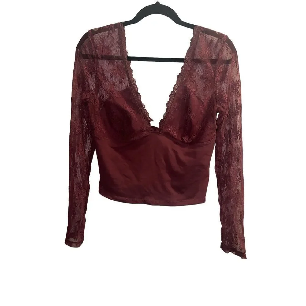 ✨Free People Intimately Long Sleeve Lace Sz Large Maroon Top✨